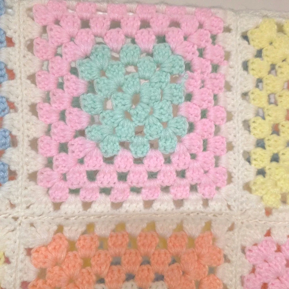 Handmade Bright Multi Color Crochet Granny Square Baby‎ Blanket Fringed Afghan